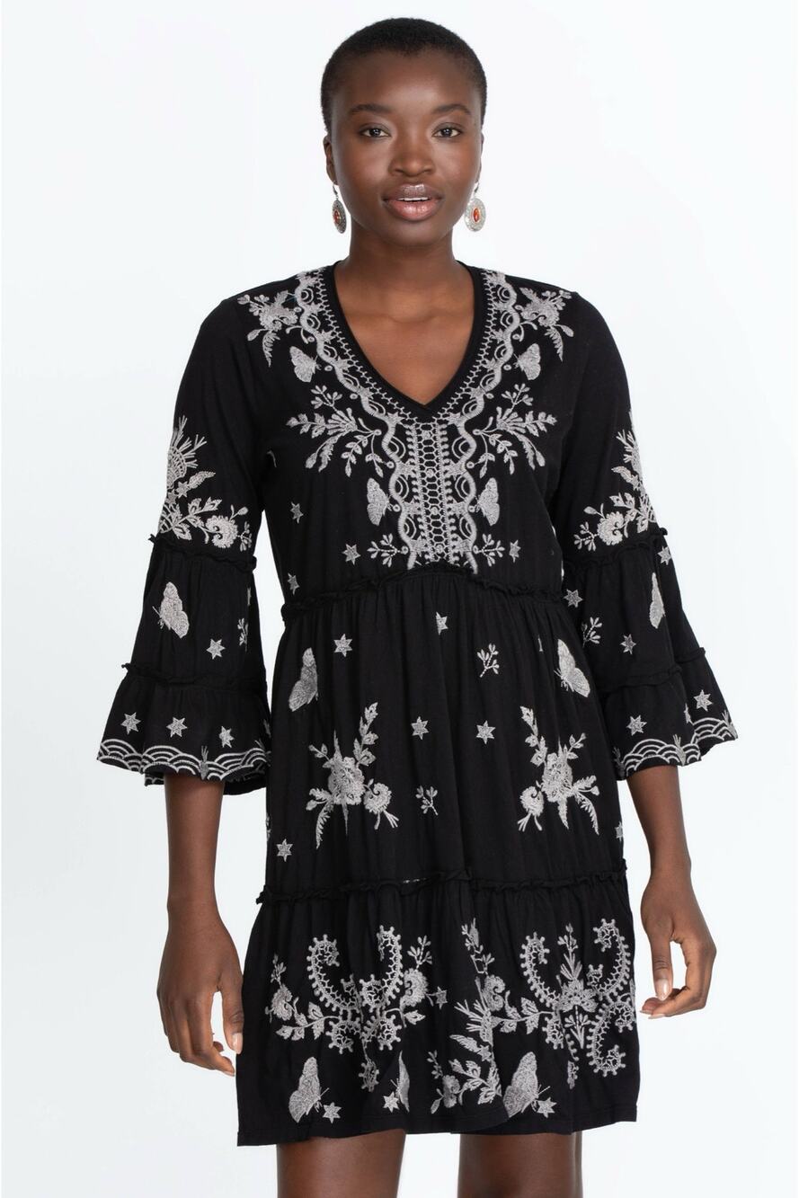 JOHNNY WAS ARZELLA KNIT EASY TIERED DRESS Size XS Embroidered Black White Cotton
